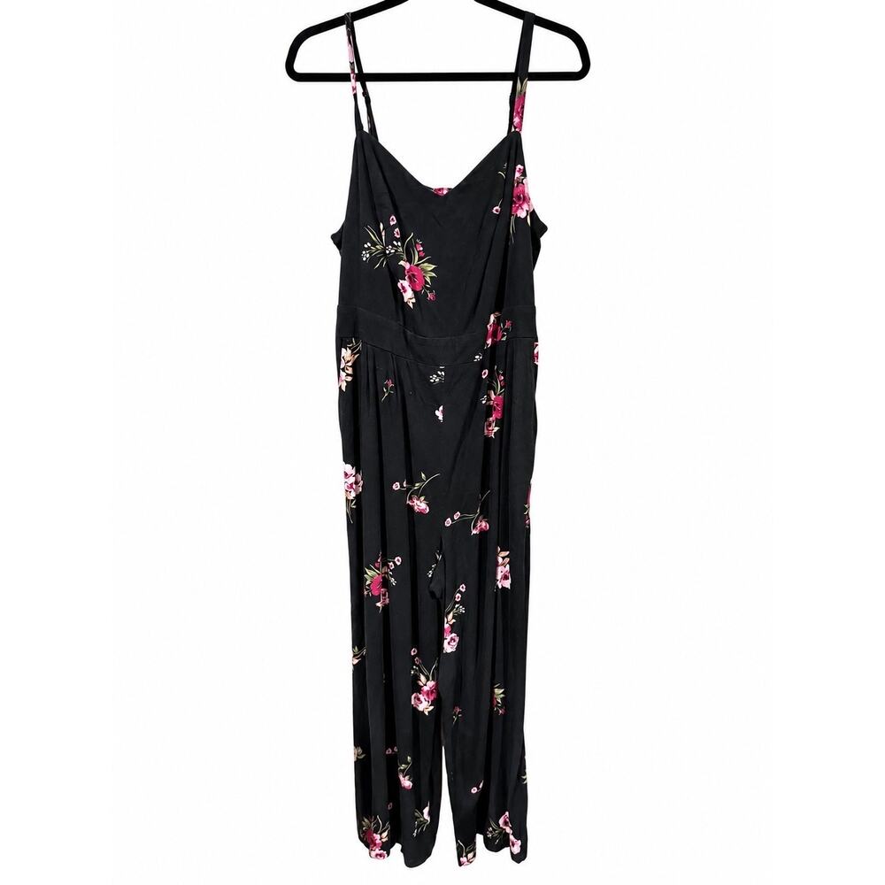 Torrid Jumpsuit Womens 2 2X Plus Black Floral Wide Leg Pockets Boho Cottagecore